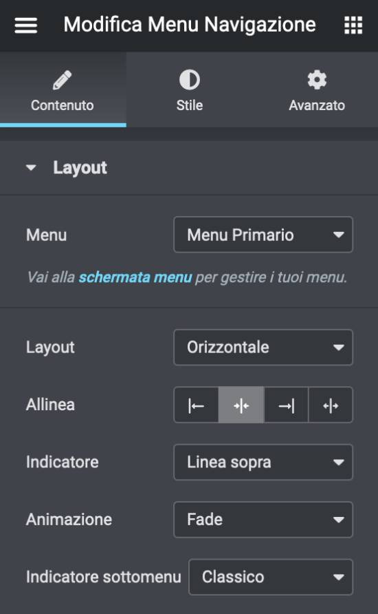 Modifica menu navigazione elementor
